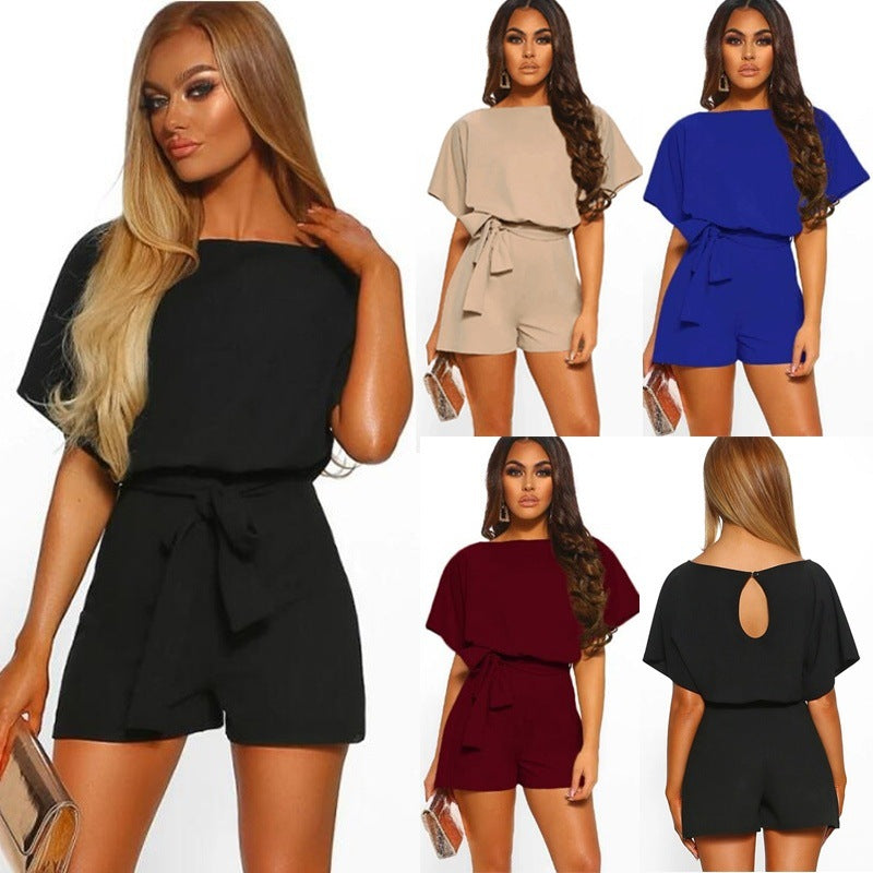 Summer Explosion Color Of Belt Short-sleeved Romper