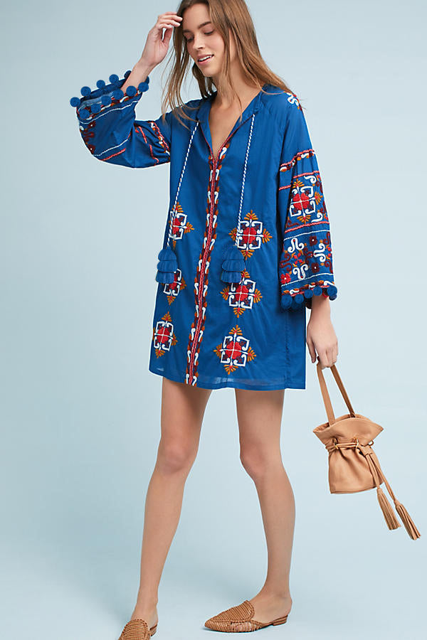 Women Spring and Summer Fine Embroidered Dress Lanyard Fringe Fur Ball Trim Loose Dress