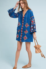 Women Spring and Summer Fine Embroidered Dress Lanyard Fringe Fur Ball Trim Loose Dress