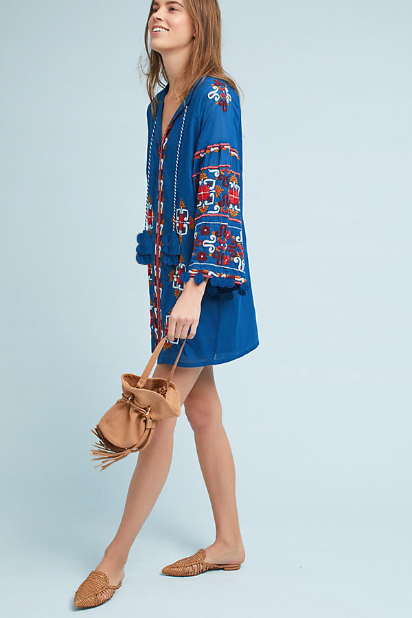 Women Spring and Summer Fine Embroidered Dress Lanyard Fringe Fur Ball Trim Loose Dress