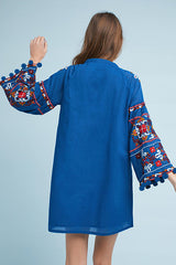 Women Spring and Summer Fine Embroidered Dress Lanyard Fringe Fur Ball Trim Loose Dress