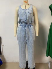 Spring Summer Women Clothing Eaby Loose Sleeveless Women Denim Jumpsuit