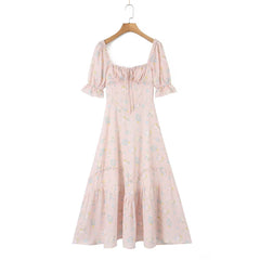 Elegant Small Women Summer Fairy Dress Square Collar Puff Sleeve French First Love Sweet Chiffon Tea Break Floral Dress