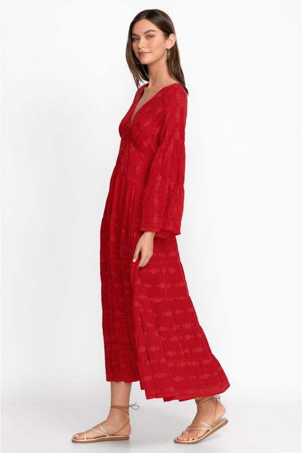 Women New Spring and Autumn Daily Elegant Cotton Embroidered V Neck Big Red Dress