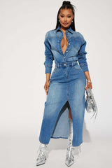 Women Wear Long Sleeve Denim Trench Coat Cardigan Denim Cloak Dress