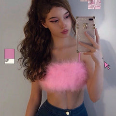Summer Autumn Women Fur Spaghetti Straps Corset Camisole
