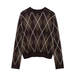 Winter Women Casual round Neck Diamond Pattern Knitted Coat