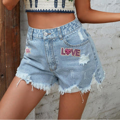 Women Clothing Embroidered Casual High Waist Raw Hem Ripped Denim Shorts