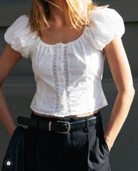 Sexy Slim Fit Small round Neck Breasted Short Top Women Sexy Puff Sleeve Lace Stitching Lace Strap Short Sleeve T shirt