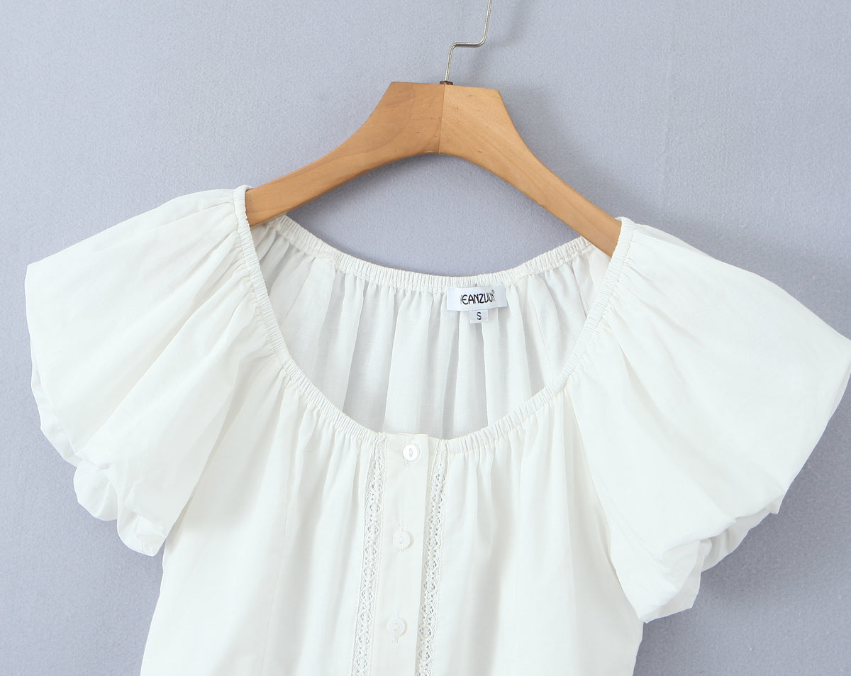Sexy Slim Fit Small round Neck Breasted Short Top Women Sexy Puff Sleeve Lace Stitching Lace Strap Short Sleeve T shirt