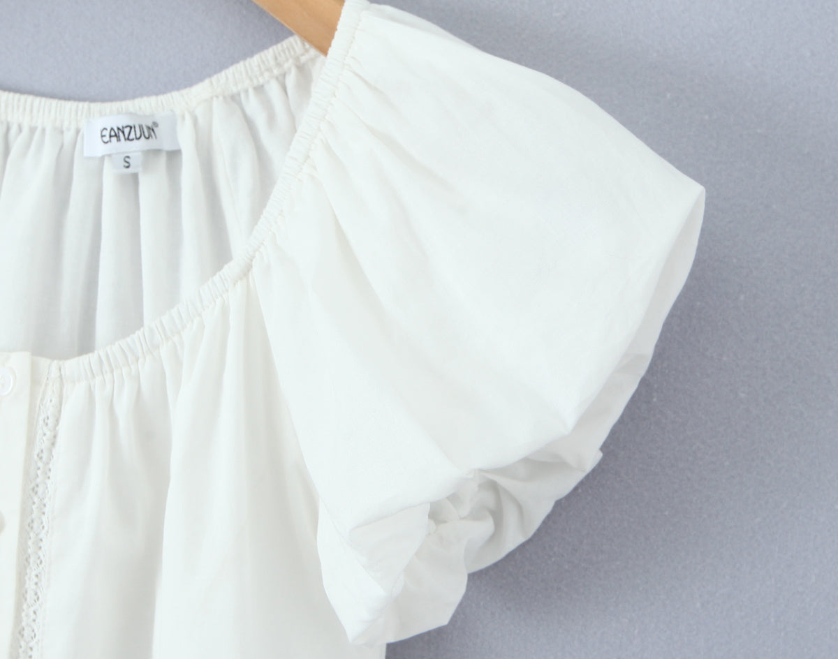 Sexy Slim Fit Small round Neck Breasted Short Top Women Sexy Puff Sleeve Lace Stitching Lace Strap Short Sleeve T shirt