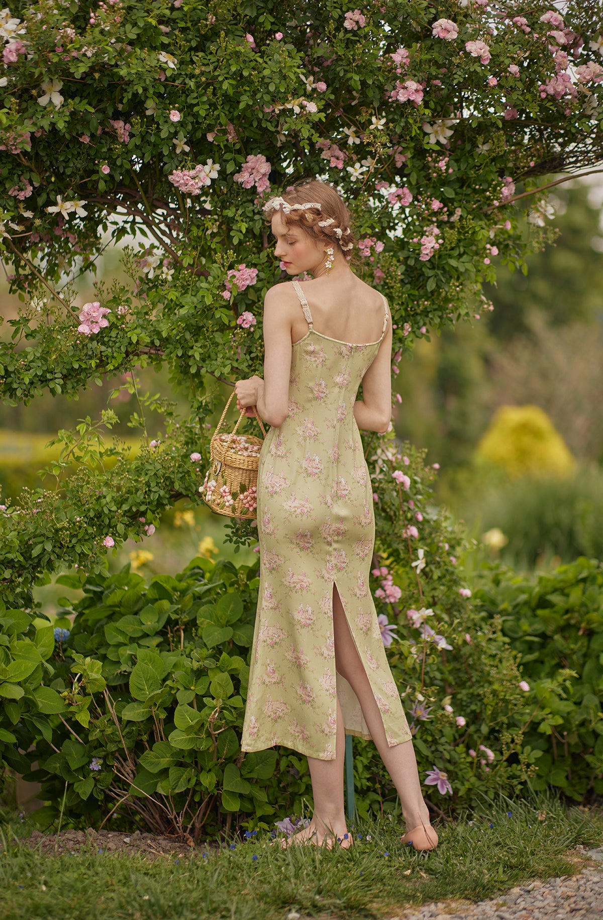 Spring Vacation Pastoral Printed Bow Sheath Cami Dress Dress