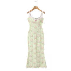 Spring Vacation Pastoral Printed Bow Sheath Cami Dress Dress