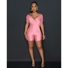 Women Clothing Supply Solid Color Reflective Pleated V neck Blouse Pants Two Piece Sets
