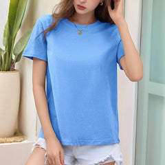 Summer Casual Top Loose round Neck White Short Sleeved T shirt for Women