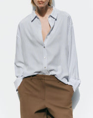 Spring Summer Women Casual Collared Long Sleeve Single Breasted Striped Shirt
