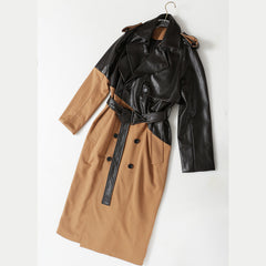 Stitching Leather Wind Coat Women Mid Length Overknee Lace up Waist Khaki Color Matching