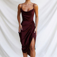 Fashion Sexy Split Satin Dress Slim Sexy Sleeveless Split