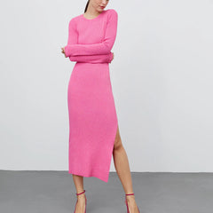 Crew Neck Split Knitted Dress Autumn Winter Wild Solid Color High Waist Tight Dress