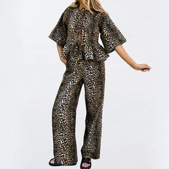 Sexy Leopard Print round Neck Tied Three Quarter Sleeve Casual Two Piece Set