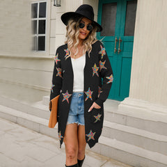 Autumn Winter Long Sleeves Mid-Length Five-Pointed Star Knitted Cardigan