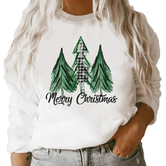 Fall Women Clothing White Long Sleeve Loose Christmas Graphic Print Crew Neck Sweatshirt