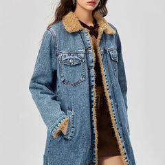 Women Clothing Loose Long Velvet Lining Cotton Padded Coat Denim Coat