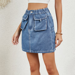 Spring Summer Washed Elastic Waist Denim Skirt