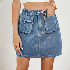 Spring Summer Washed Elastic Waist Denim Skirt