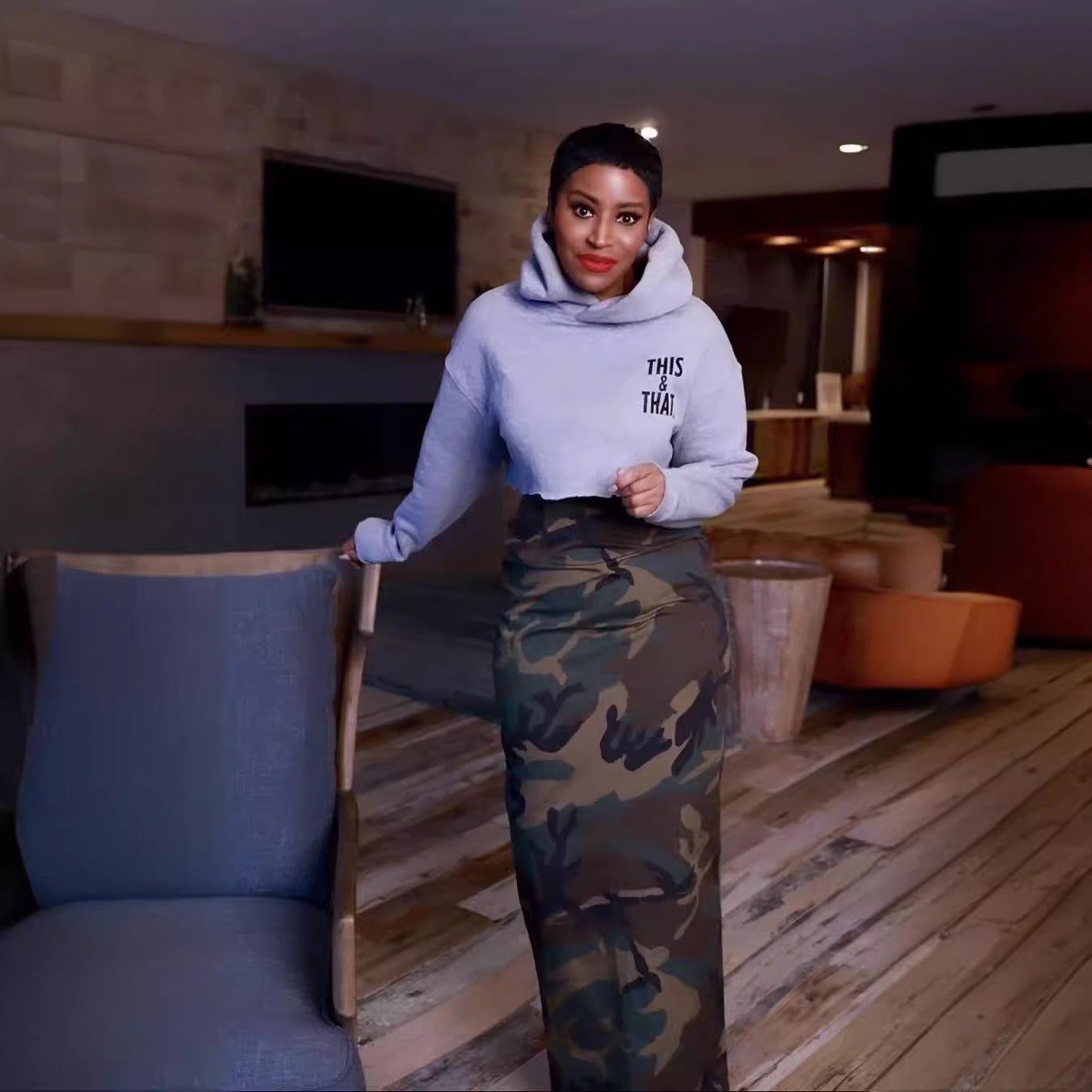 Women Clothing Spring Autumn Camouflage Back Slit Skirt