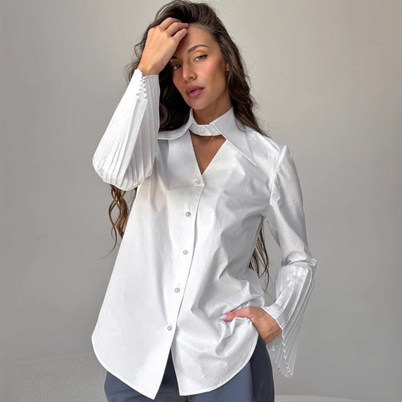 Polo Collar Pure Cotton Pleated Bell Sleeve Shirt Spring Summer Top Women