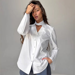 Polo Collar Pure Cotton Pleated Bell Sleeve Shirt Spring Summer Top Women