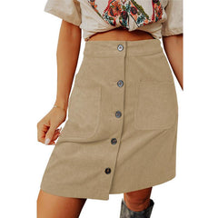 Women Autumn Winter Corduroy Skirt High Waist All Matching Skirt Breasted Design Skirt