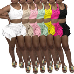 Women Clothing Nightclub Uniforms Solid Color Stringy Selvedge Strap Vest Shorts Two-Piece Set