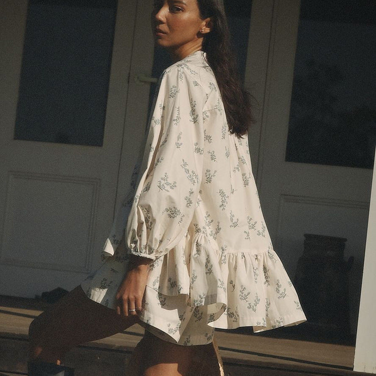 French Classic Skirt Puff Sleeve Small Turtleneck Ruffled Puffy Shirt Printed Shorts Suit