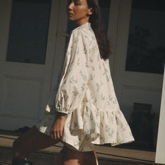 French Classic Skirt Puff Sleeve Small Turtleneck Ruffled Puffy Shirt Printed Shorts Suit