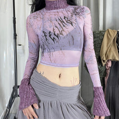 Pattern Printed Mesh Short Stitching Cropped Top Women