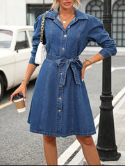 Retro Waist Controlled Slimming Long Sleeve Denim Dress Women Belted Button