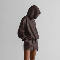 Spring Hooded Leather Sweater Women Shorts Suit Street Trend Women Clothing Two Piece Set