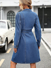 Retro Waist Controlled Slimming Long Sleeve Denim Dress Women Belted Button