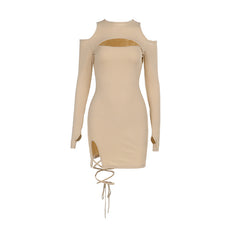 Autumn Sexy Hip Slim Fit Lace up Hollow Out Cutout Dress Women