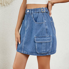 Women Summer Washed Adjustable Waist Denim Skirt Skirt