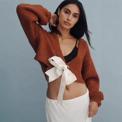 Spring Women Wear Top Solid Color Tied V neck Loose Long Sleeve Woolen Cardigan Office