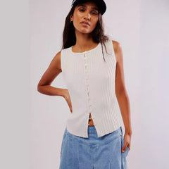 Women Wear Top Sunken Stripe Breasted Sleeveless Woolen Cardigan Vest Women