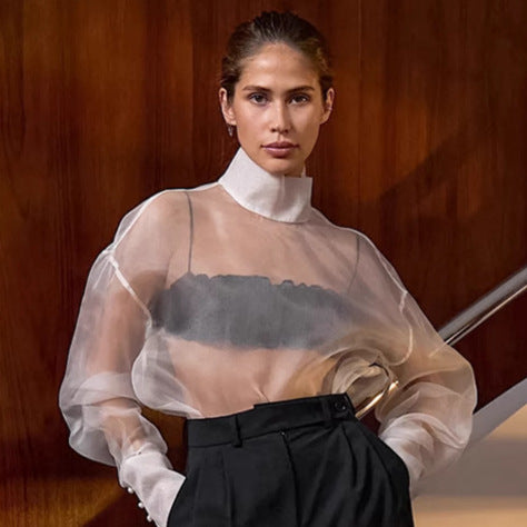 Sexy Sheer Mesh High Grade Long Sleeved Shirt Spring Summer Top Women