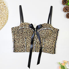French Leopard Print Tube Top Outer Wear Breathable Mesh Slim Fit Boning Corset Camisole Women's Inner Match Thin Bow Bra