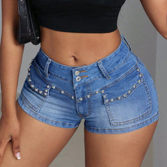Mid Low Waist Women Clothing Casual Slimming Beaded Mid Stretch Denim Shorts