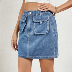Spring Summer Washed Elastic Waist Denim Skirt