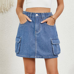 Women Summer Washed Adjustable Waist Denim Skirt Skirt