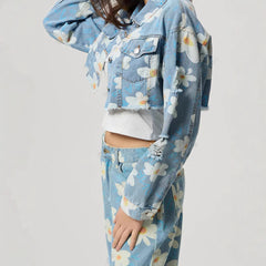 Women Clothing Floral Print All Match Short Denim Coat